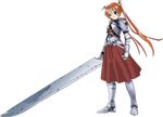  armor artist_request bell blue_eyes boots ensis_exorcizans full_body gauntlets hair_ornament heterochromia huge_weapon kagurazaka_asuna long_hair mahou_sensei_negima! orange_hair skirt smile solo standing strap sword transparent_background twintails very_long_hair weapon 