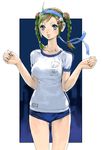  bad_id bad_pixiv_id blue_eyes breasts buruma green_hair gym_uniform hair_ornament hairclip highres large_breasts original outside_border school_uniform solo twintails w_arms yasuda_akira 