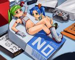  blue_hair eraser flat_chest green_eyes green_hair long_hair minigirl multiple_girls orange_eyes original ponytail yokoyama_yasushi 