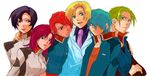  4boys bad_id bad_pixiv_id blonde_hair blue_eyes blue_hair clotho_buer flay_allster gundam gundam_seed hug jacket kitayama lineup lipstick looking_at_viewer makeup multiple_boys multiple_girls muruta_azrael natarle_badgiruel necktie orga_sabnak purple_hair red_hair shani_andras short_hair simple_background smile surprised uniform wince 