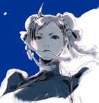  ahoge blue bow bun_cover china_dress chinese_clothes chun-li closed_mouth double_bun dress expressionless frills from_below hair_bow highres looking_at_viewer looking_down monochrome short_hair sketch solo street_fighter two-tone_background upper_body yasuda_akira 