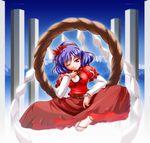  hair_ornament hisame_genta indian_style leaf leaf_hair_ornament leaf_on_head mirror onbashira one_eye_closed purple_hair red_eyes rope shimenawa sitting solo touhou yasaka_kanako 