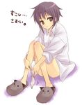  alternate_costume bangs blush bottomless cat_slippers cat_teaser closed_mouth collared_shirt dress_shirt eyebrows_visible_through_hair full_body hijiki_(hijikini) looking_at_viewer motion_lines nagato_yuki purple_hair shirt short_hair sitting sleeves_rolled_up solo suzumiya_haruhi_no_yuuutsu translated white_shirt yellow_eyes 