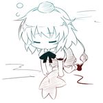  bangs chibi closed_eyes geta gradient greyscale hat monochrome oka_(bananashoe) shameimaru_aya sleepy solo tengu-geta touhou 