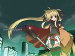  arf bardiche belt black_dress black_legwear blonde_hair buckle building cape city dress fate_testarossa floating_hair hits long_hair looking_at_viewer lyrical_nanoha mahou_shoujo_lyrical_nanoha outdoors red_eyes sidelocks skyscraper thighhighs very_long_hair wind zettai_ryouiki 