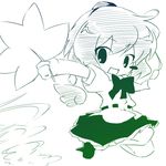  chibi geta green hat looking_at_viewer monochrome oka_(bananashoe) open_mouth shameimaru_aya smile solo tengu-geta touhou 