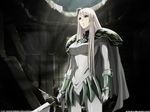  armor artist_request cape claymore claymore_(sword) galatea_(claymore) highres long_hair solo sword wallpaper weapon 