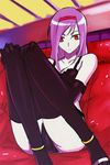  bra copyright_request elbow_gloves gloves hairband lingerie michael purple_hair red_eyes solo thighhighs underwear 
