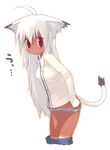  animal_ears blouse blush cat_ears dark_skin kokage-san kusaka_kokage original panties red_eyes solo striped striped_legwear tail thighhighs underwear undressing white_hair 