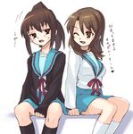  blue_sailor_collar genderswap genderswap_(mtf) kita_high_school_uniform koizumi_itsuki_(female) kyonko long_sleeves multiple_girls oryou ponytail sailor_collar school_uniform serafuku sitting suzumiya_haruhi_no_yuuutsu translated yuri 