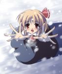 blonde_hair blush from_above hair_ribbon hands looking_up necktie outstretched_arms outstretched_hand reaching reaching_out red_eyes ribbon rumia short_hair smile snow solo subaru_noji touhou 