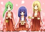  bad_id bad_pixiv_id blonde_hair furude_rika green_eyes green_hair hakama haori higurashi_no_naku_koro_ni japanese_clothes kimono kneeling long_hair multiple_girls no_pupils pink_background purple_eyes purple_hair red_hakama seiza sitting sonozaki_mion takano_miyo yellow_eyes yuzuki_(yuduame) 