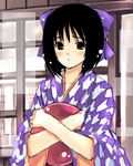  :t bangs bashamichi blush hakama hamayumiba_sou japanese_clothes looking_at_viewer lowres object_hug shameimaru_aya solo touhou tray x_arms yagasuri 