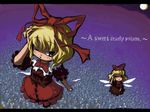  blonde_hair bow bowtie dress fairy fairy_wings flying full_body looking_at_viewer medicine_melancholy moon red_bow red_dress red_neckwear short_hair solo su-san touhou wings 