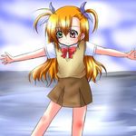  blonde_hair bow bowtie brown_skirt cowboy_shot green_eyes heterochromia long_hair lyrical_nanoha mahou_shoujo_lyrical_nanoha_strikers misana outdoors outstretched_arms pleated_skirt red_bow red_eyes red_neckwear skirt solo spread_arms standing sweater_vest two_side_up vivio 