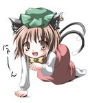  animal_ears brown_eyes brown_hair cat_ears cat_tail chen crawling earrings fang hat jewelry lowres multiple_tails nyan paw_pose short_hair smile socks solo subaru_noji tail touhou 