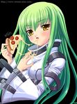  alto_seneka bangs breasts c.c. cheese_trail code_geass covered_nipples eating food green_hair holding_pizza large_breasts long_hair pizza slice_of_pizza solo yellow_eyes 