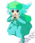  :o aqua_hair backpack bag blue blue_dress blue_eyes blush collar dress kawashiro_nitori key long_sleeves looking_at_viewer oka_(bananashoe) open_mouth pocket simple_background solo touhou two_side_up white_background 