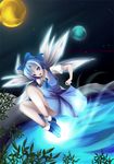  :d blue_dress blue_hair cirno crystal dress flying ice ice_wings looking_at_viewer open_mouth pond puffy_short_sleeves puffy_sleeves seiha_(tinnke) short_sleeves silver_hair smile solo surreal touhou water wings 