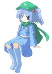  backpack bag blue_eyes blue_footwear blue_hair boots full_body green_scarf hair_bobbles hair_ornament kawashiro_nitori knee_boots looking_at_viewer oka_(bananashoe) scarf simple_background sitting smile solo touhou two_side_up white_background 
