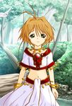  antenna_hair artist_request blonde_hair bracelet brooch coin_(ornament) crop_top day forest gem green_eyes jewelry looking_at_viewer midriff nature navel necklace non-web_source outdoors plant river sakura_hime shore short_hair short_sleeves skirt solo stomach tree tsubasa_chronicle white_skirt 