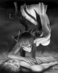  bed breasts copyright_request demon_girl greyscale horns kometani_hisanobu large_breasts long_hair monochrome nude pointy_ears sleeping solo succubus tail wings 