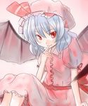  bat_wings blush closed_mouth dress finger_to_mouth frills knees_up looking_at_viewer ogu pink_dress puffy_short_sleeves puffy_sleeves red_eyes remilia_scarlet short_hair short_sleeves silver_hair sitting smirk solo touhou wings 
