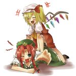  ^_^ ascot beret blonde_hair bow braid china_dress chinese_clothes closed_eyes dress fangs flandre_scarlet girl_on_top hat hong_meiling kiji_(manekinuko-tei) multiple_girls one_side_up red_hair star touhou twin_braids wince wings 