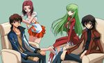  2girls absurdres black_hair blue_eyes brown_hair c.c. code_geass green_eyes green_hair highres jewelry kallen_stadtfeld kururugi_suzaku lelouch_lamperouge long_hair multiple_boys multiple_girls necklace purple_eyes sakamoto_shuuji skirt yellow_eyes 