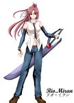  denim detached_sleeves jeans long_hair navel necktie original pants red_eyes red_hair riochan solo sword weapon 