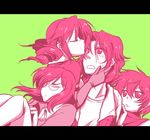  3boys :o blush collarbone feldt_grace green_background gundam gundam_00 hio_(artist) kiss letterboxed lockon_stratos lowres monochrome multiple_boys parted_lips pink setsuna_f_seiei short_hair simple_background tieria_erde twintails 