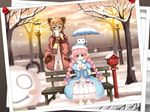  armcho bench blue_eyes braid brown_hair dress hand_in_pocket lamppost long_hair multiple_girls pink_hair raccoon_(trickster) scarf sheep_(trickster) sitting snow snowing standing steam tree trickster twin_braids winter 