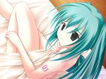  amino_kohaku aqua_hair bed bed_sheet covering hatsune_miku long_hair naked_sheet nude nude_cover solo vocaloid 