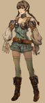  belt boots braid breastplate breasts brown_background brown_eyes brown_footwear brown_hair buckle choker cleavage collarbone copyright_request detached_sleeves fantasy full_body knee_boots long_sleeves looking_afar medium_breasts simple_background solo standing tomatika twin_braids uniform 