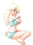  barefoot blonde_hair blush bra breasts feet green_eyes green_shirt hoshii_miki idolmaster idolmaster_(classic) idolmaster_1 jpeg_artifacts kneeling lingerie long_hair lowres medium_breasts panties shirt soles solo tadano_akira toes underboob underwear underwear_only undressing 