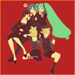  3girls brother_and_sister everyone green_hair harem hatsune_miku kagamine_len kagamine_rin kaito mame_chiyo meiko multiple_boys multiple_girls siblings simple_background thighhighs twins twintails vocaloid 