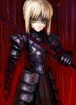  armor armored_dress artoria_pendragon_(all) black_armor blonde_hair dark_excalibur denki dress fate/stay_night fate_(series) faulds saber_alter short_hair solo sword weapon yellow_eyes 