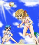  ankoku_tiger beach bikini blonde_hair blue_bikini blue_hair brown_eyes cloud day dead_or_alive houshou_hanon mermaid_melody_pichi_pichi_pitch multiple_girls nanami_lucia non-web_source oekaki official_style orange_eyes outdoors palm_tree parody pink_bikini running sandals side-tie_bikini sky swimsuit tree volleyball 