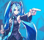  aqua_eyes aqua_hair aqua_nails armpits bare_shoulders detached_sleeves flat_chest hatsune_miku headset iwai_ryou long_hair nail_polish necktie nunchaku pointing skirt smile solo spring_onion twintails very_long_hair vocaloid weapon 