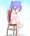  chair feet_on_chair knee_up kuro_(be_ok) off_shoulder original panties pantyshot purple_hair red_eyes short_hair sitting sketch skirt solo striped striped_panties thighhighs twintails underwear white_legwear 