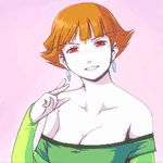  artist_request bare_shoulders breasts cleavage earrings jewelry lowres macross macross_plus medium_breasts oekaki off_shoulder orange_hair pale_skin red_eyes sharon_apple short_hair solo 