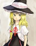  binayu blonde_hair braid brown_background capelet expressionless green_eyes hat kirisame_marisa looking_at_viewer puffy_short_sleeves puffy_sleeves red_ribbon ribbon short_sleeves simple_background single_braid solo touhou witch_hat 