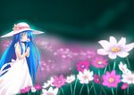  bare_shoulders blue_eyes blue_hair dousaki_shin'ya dress field flower flower_field glowing hat izumi_kanata looking_at_viewer lucky_star outdoors scenery sleeveless sleeveless_dress solo standing sun_hat sundress white_dress 