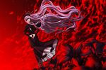  black_dress cloud dress dutch_angle eyepatch flower hands_together ifuji_shinsen long_hair original own_hands_together petals purple_hair red red_eyes red_sky sky solo very_long_hair white_hair 