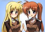  :o antenna_hair blonde_hair blush brown_jacket copyright_name fate_testarossa formal jacket kurou_(niconicorin) long_sleeves looking_at_viewer lyrical_nanoha mahou_shoujo_lyrical_nanoha_strikers military military_uniform multiple_girls open_mouth purple_eyes red_eyes red_hair side_ponytail suit takamachi_nanoha tareme tsab_ground_military_uniform uniform watermark web_address 