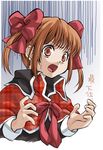  bow bowtie brown_eyes brown_hair hair_bow long_sleeves open_mouth red_bow red_neckwear shugo_chara! simple_background solo sweat takano_natsuki upper_body white_background wide-eyed yuiki_yaya 