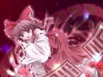  ascot bow brown_eyes brown_hair collar danmaku detached_sleeves frills hair_bow hakurei_reimu long_sleeves looking_at_viewer lzh magic ofuda red_bow red_skirt ribbon-trimmed_sleeves ribbon_trim skirt solo touhou vest 