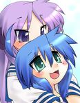  :3 ahoge bad_id bad_pixiv_id blue_hair green_eyes hair_ribbon hiiragi_kagami izumi_konata kogaku_kazuya long_hair looking_up lucky_star mole mole_under_eye multiple_girls open_mouth purple_eyes purple_hair ribbon ryouou_school_uniform school_uniform serafuku yuri 