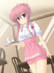  anna_miller apron arm_at_side badge bangs blush breasts buttons chair character_name chikage_(sister_princess) closed_mouth cup folded_ponytail hair_between_eyes holding holding_tray indoors long_hair looking_at_viewer masakichi_(crossroad) medium_breasts pink_apron pink_hair puffy_short_sleeves puffy_sleeves purple_eyes shiny shiny_skin shirt short_sleeves sidelocks sister_princess solo table tray underbust waitress white_shirt 