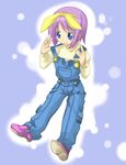  blue_eyes blush buttons denim full_body hiiragi_tsukasa loafers lucky_star non-web_source overalls pink_hair shirt shoes short_hair short_sleeves solo standing t-shirt 